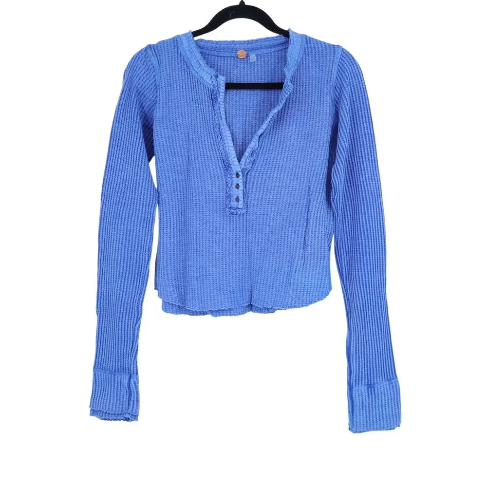 FP ONE Colt Thermal Henley Top Blue Waffle Knit Pullover Long Sleeve Women's S